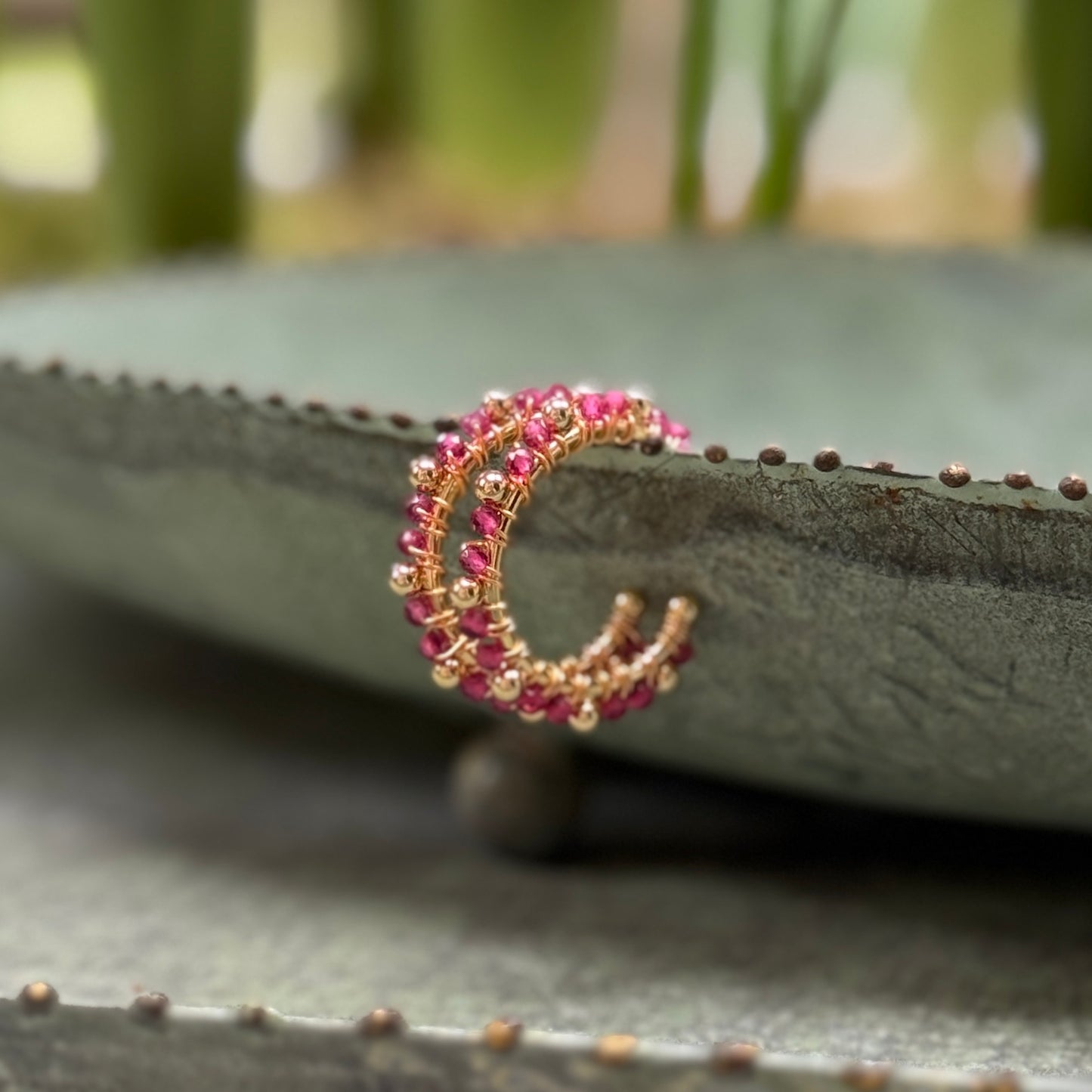 Fuchsia Pink Garnet Mini Bobble Hoop Beaded Earrings