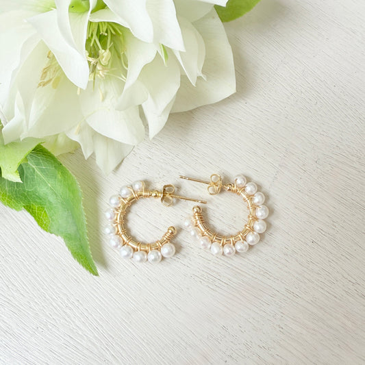 Chunky Freshwater Pearl Mini Hoop Beaded Earrings