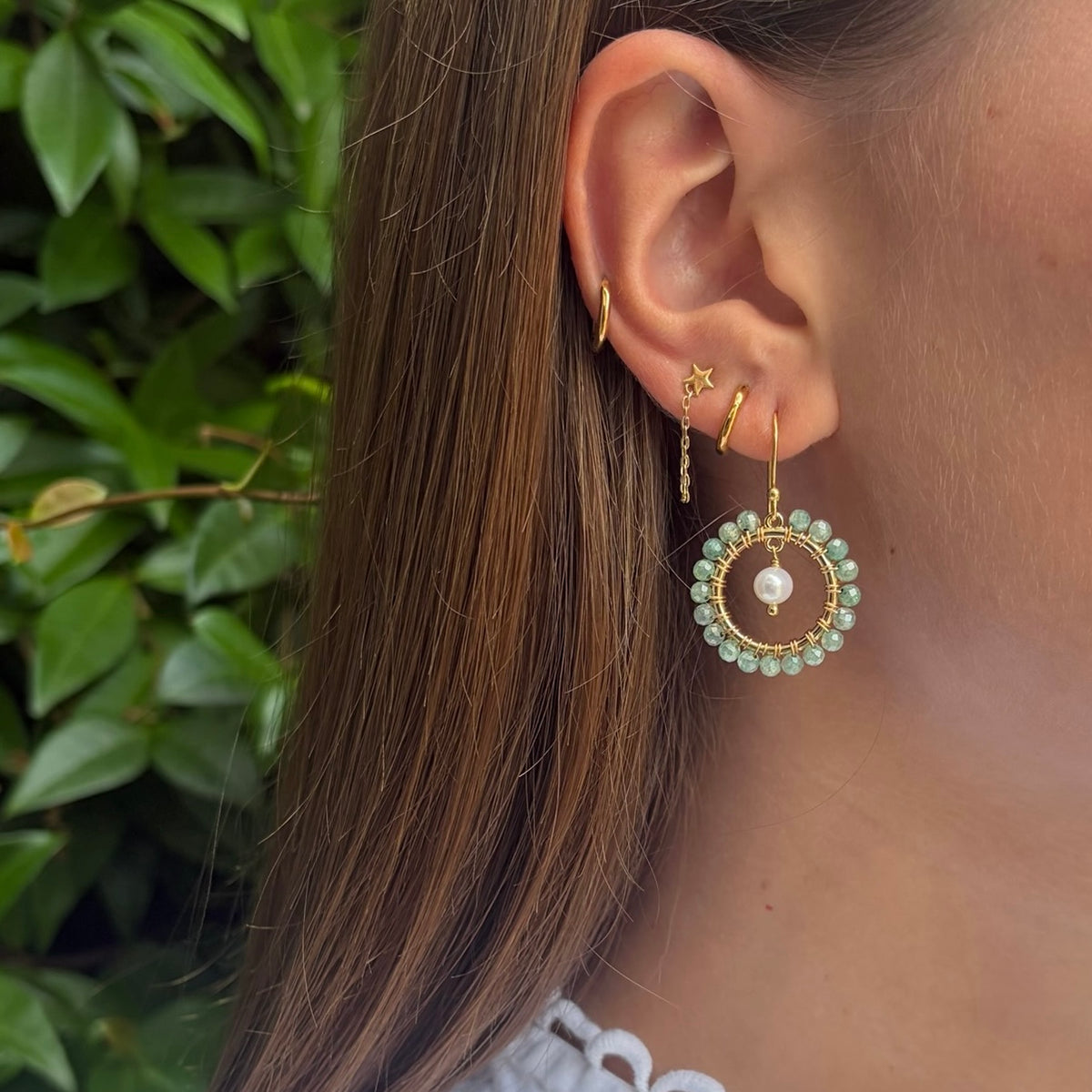 Pale Green Aventurine Mini Round & Freshwater Pearl Drop Beaded Earrings