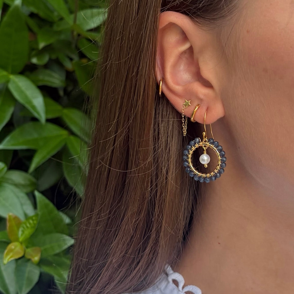 Denim Blue Iolite Mini Round & Freshwater Pearl Drop Beaded Earrings