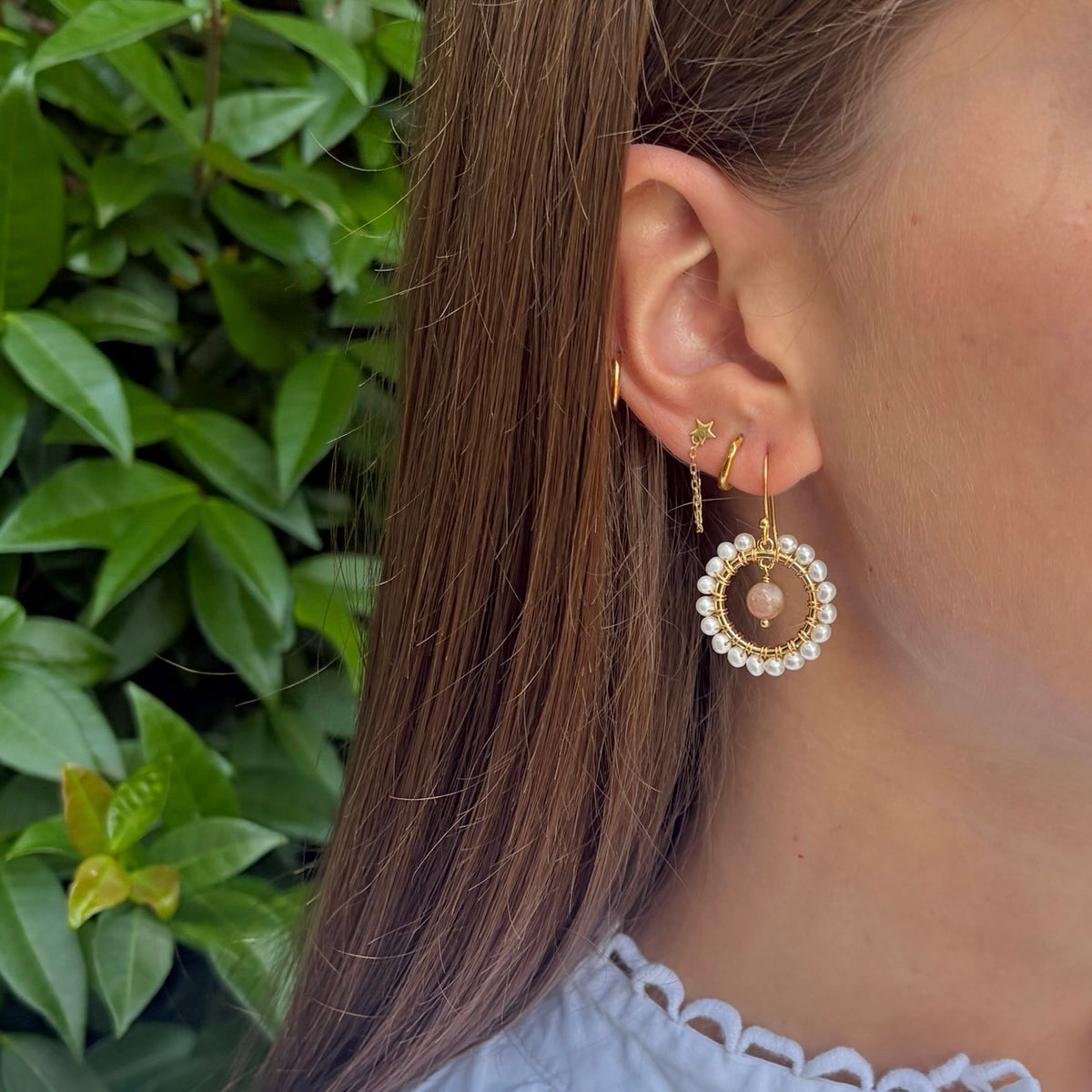 Freshwater Pearl Mini Round & Soft Peach Sunstone Drop Beaded Earrings