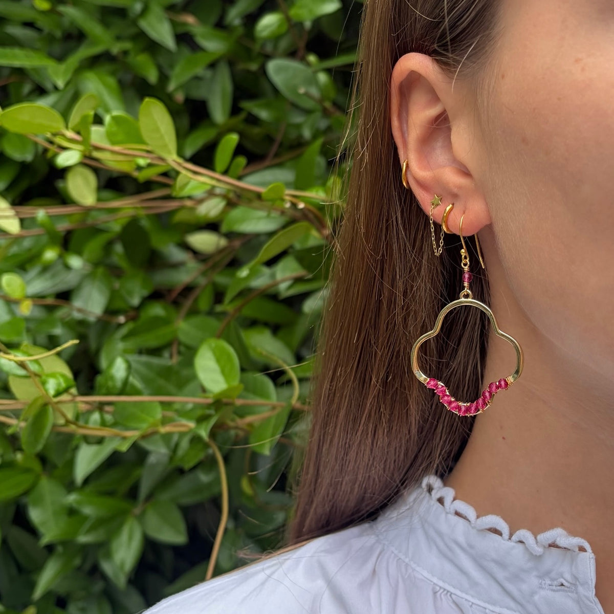 Fuchsia Pink Garnet Midi Clover Earrings