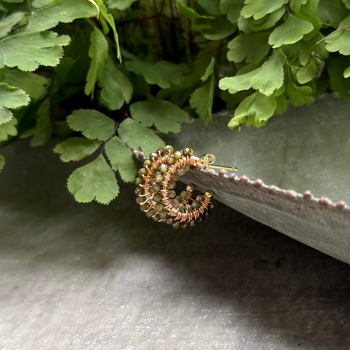 Olive Green Peridot Double Beaded Mini Hoops