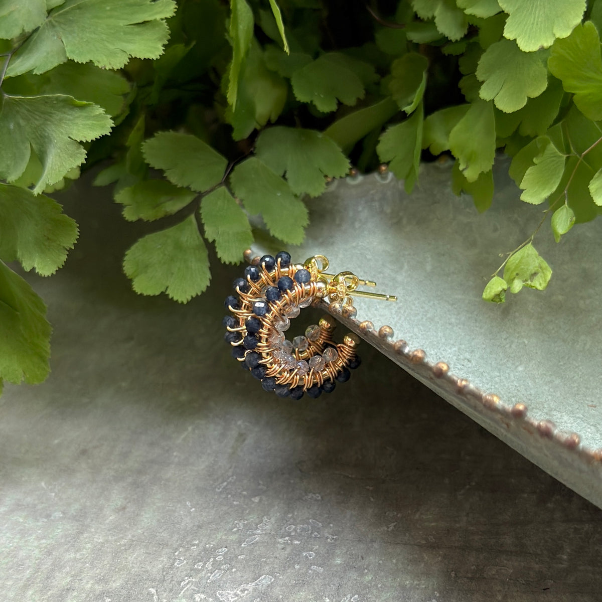 Denim Iolite & Crystal Double Beaded Mini Hoops