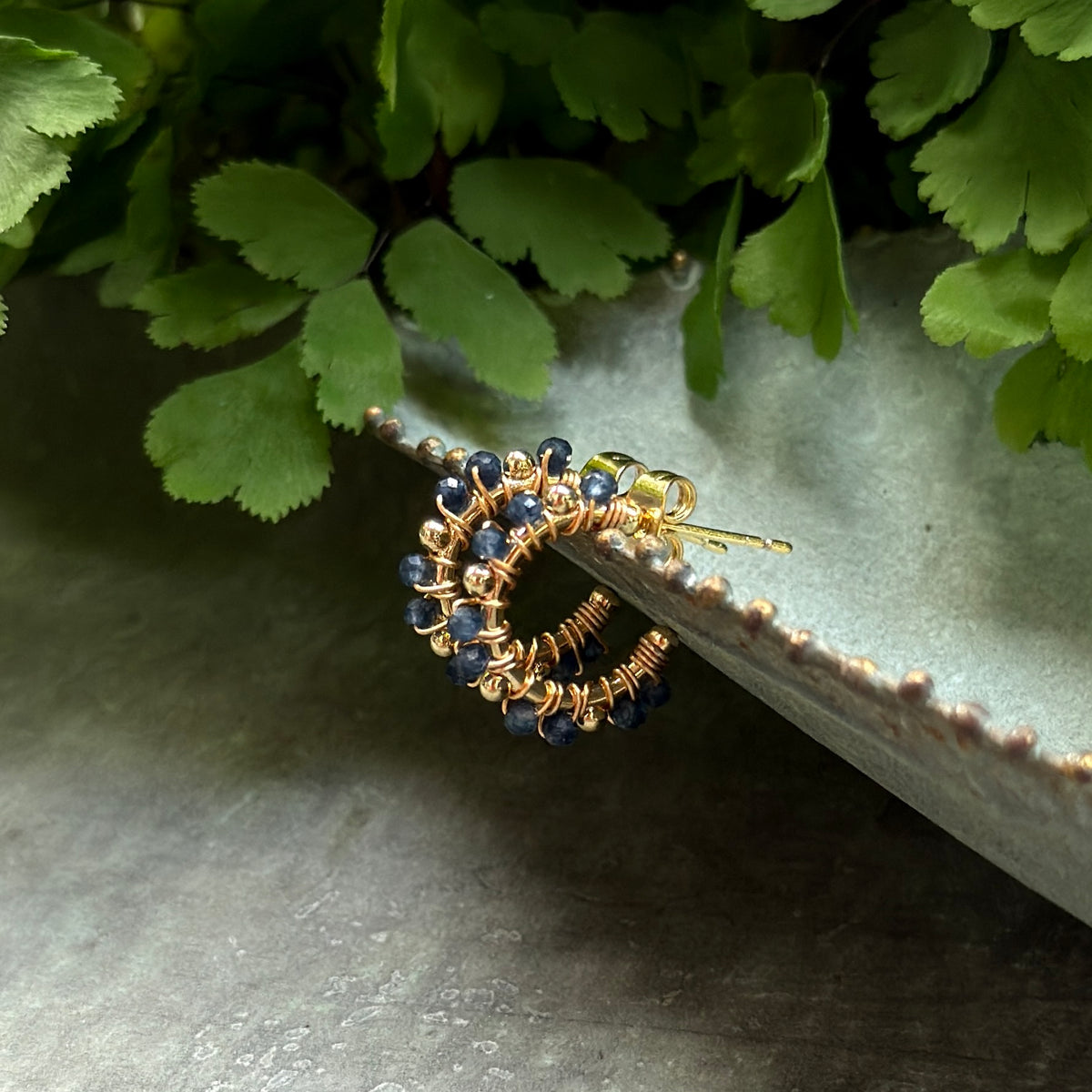 Denim Blue Iolite Mini Bobble Hoop Beaded Earrings