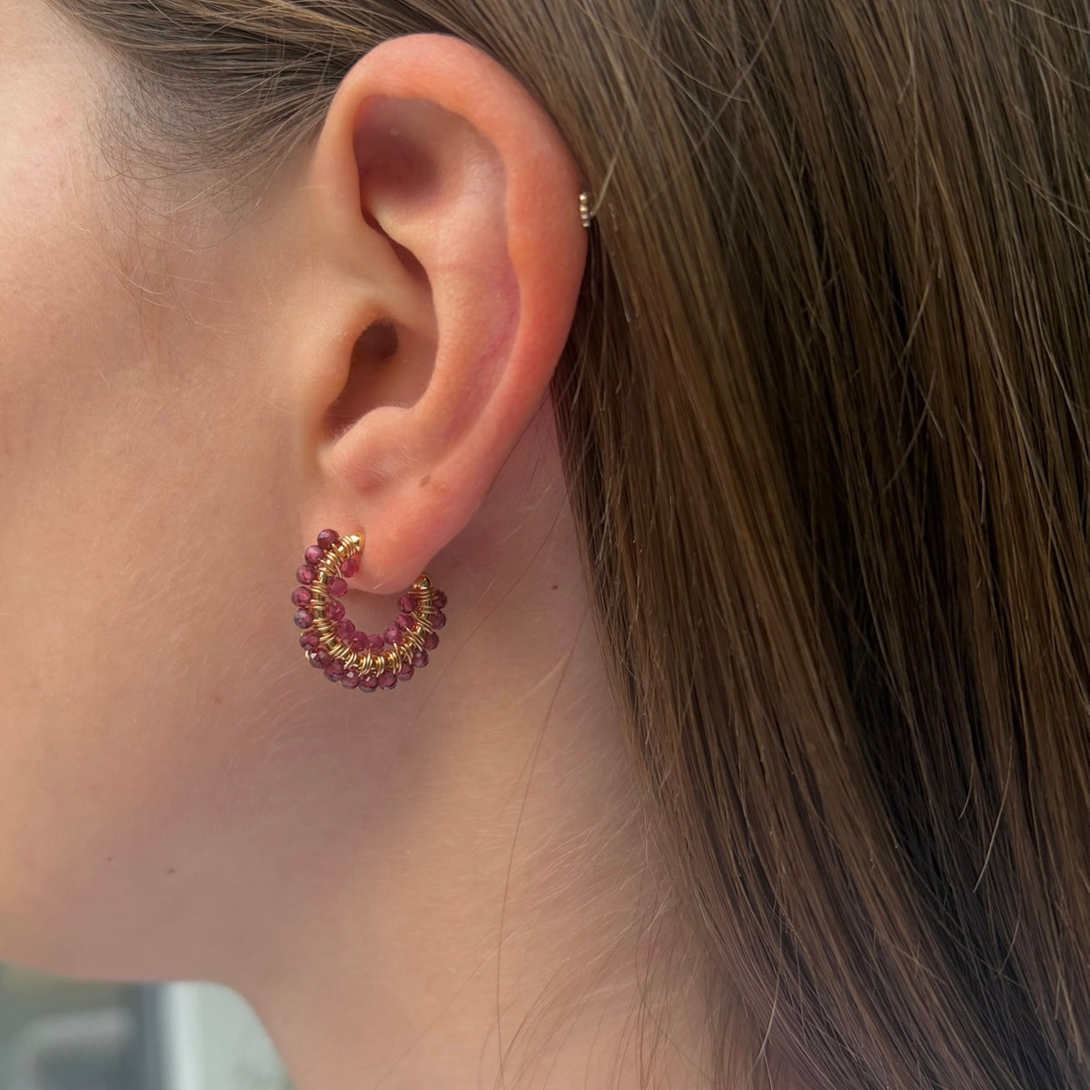 Burgundy & Fuchsia Pink Garnet Double Beaded Mini Hoops