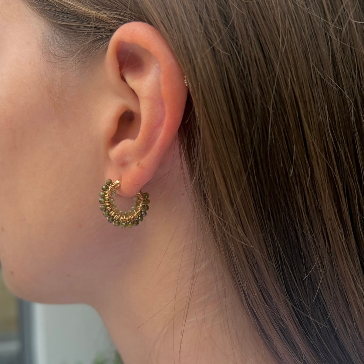 Olive Green Peridot Double Beaded Mini Hoops