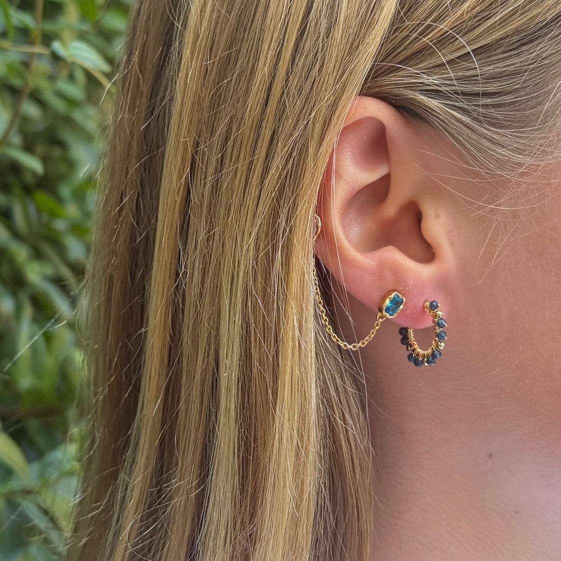 Denim Blue Iolite Mini Bobble Hoop Beaded Earrings