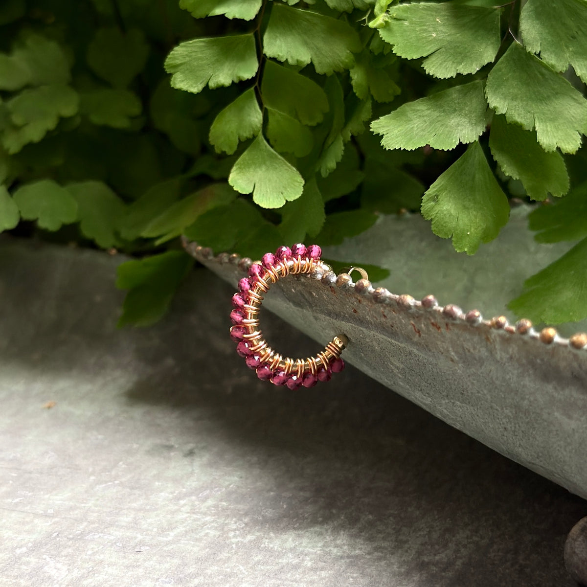 Fine Fuchsia Pink Garnet Mini Hoop Beaded Earrings