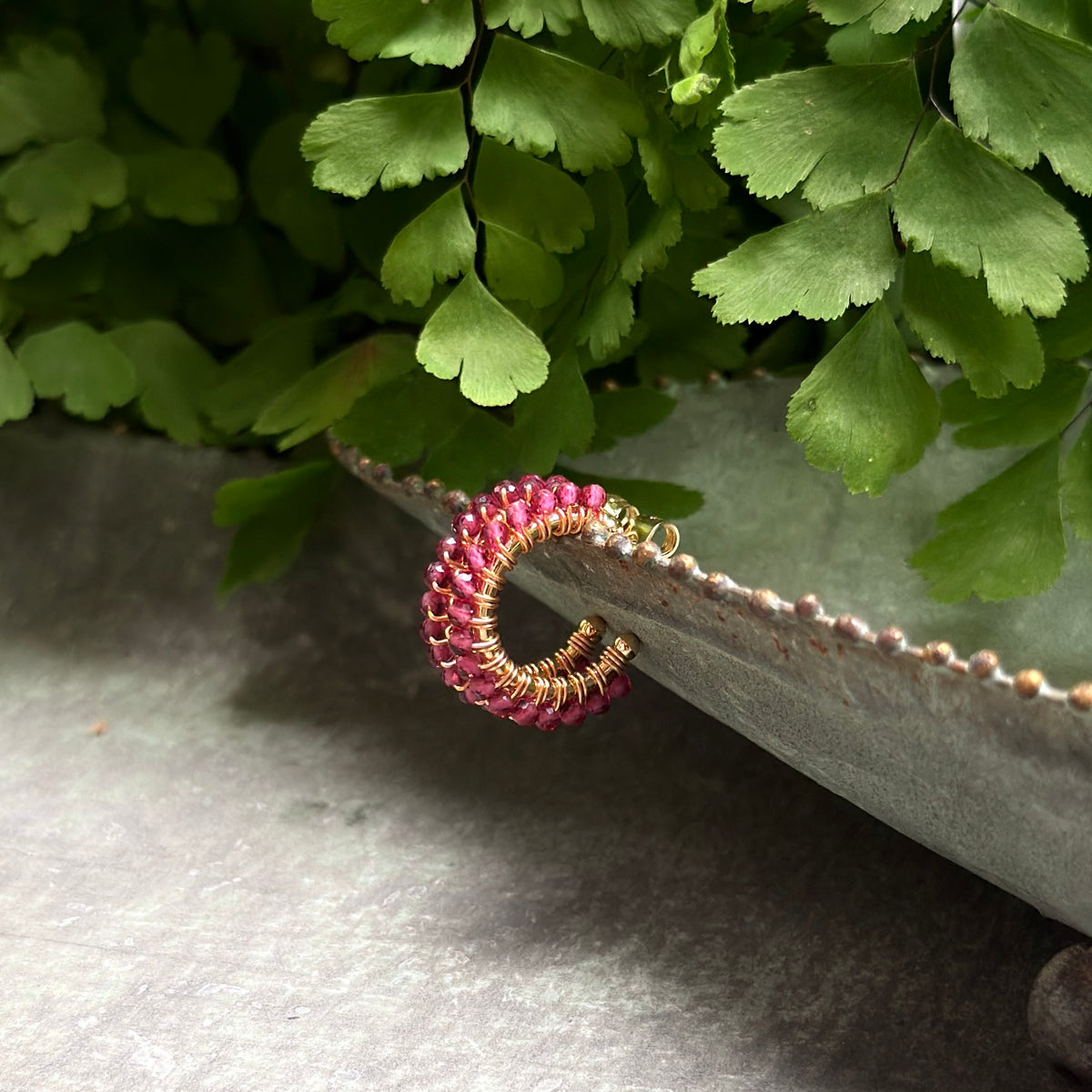 Fine Fuchsia Pink Garnet Mini Hoop Beaded Earrings