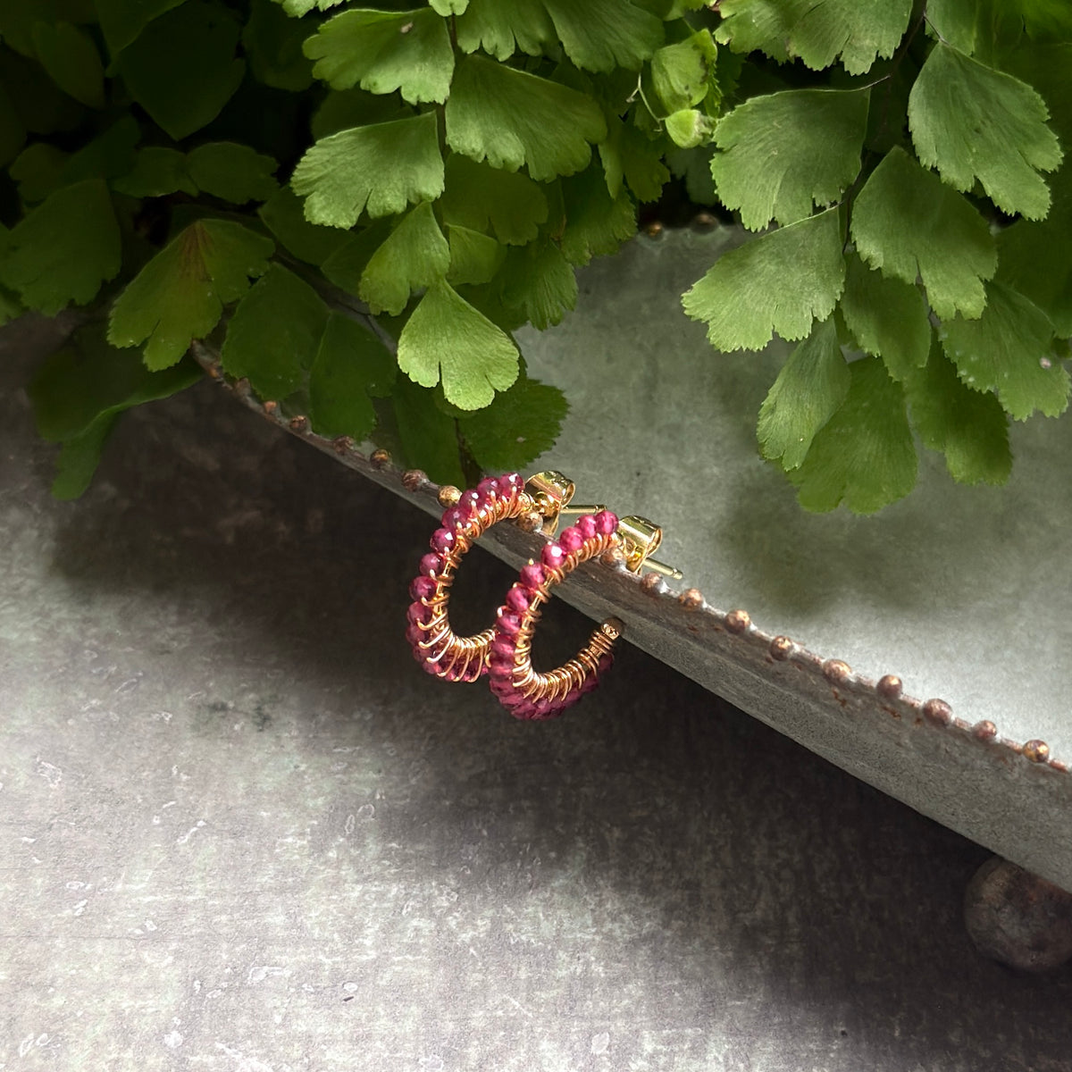 Fine Fuchsia Pink Garnet Mini Hoop Beaded Earrings