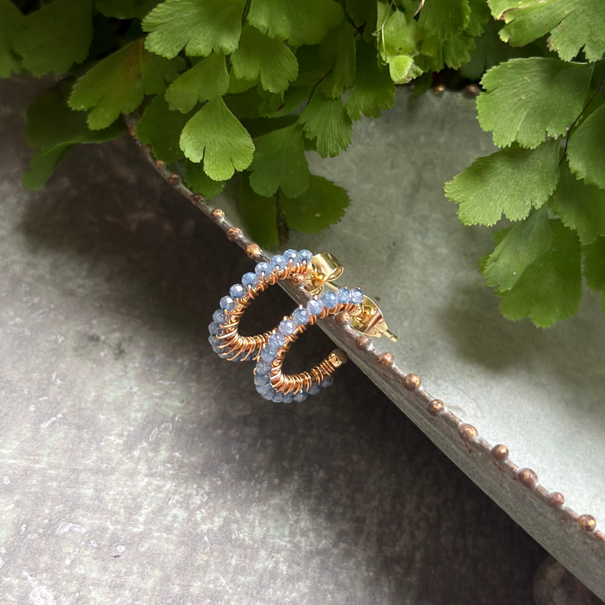 Fine Pale Denim Blue Azurite Mini Hoop Beaded Earrings