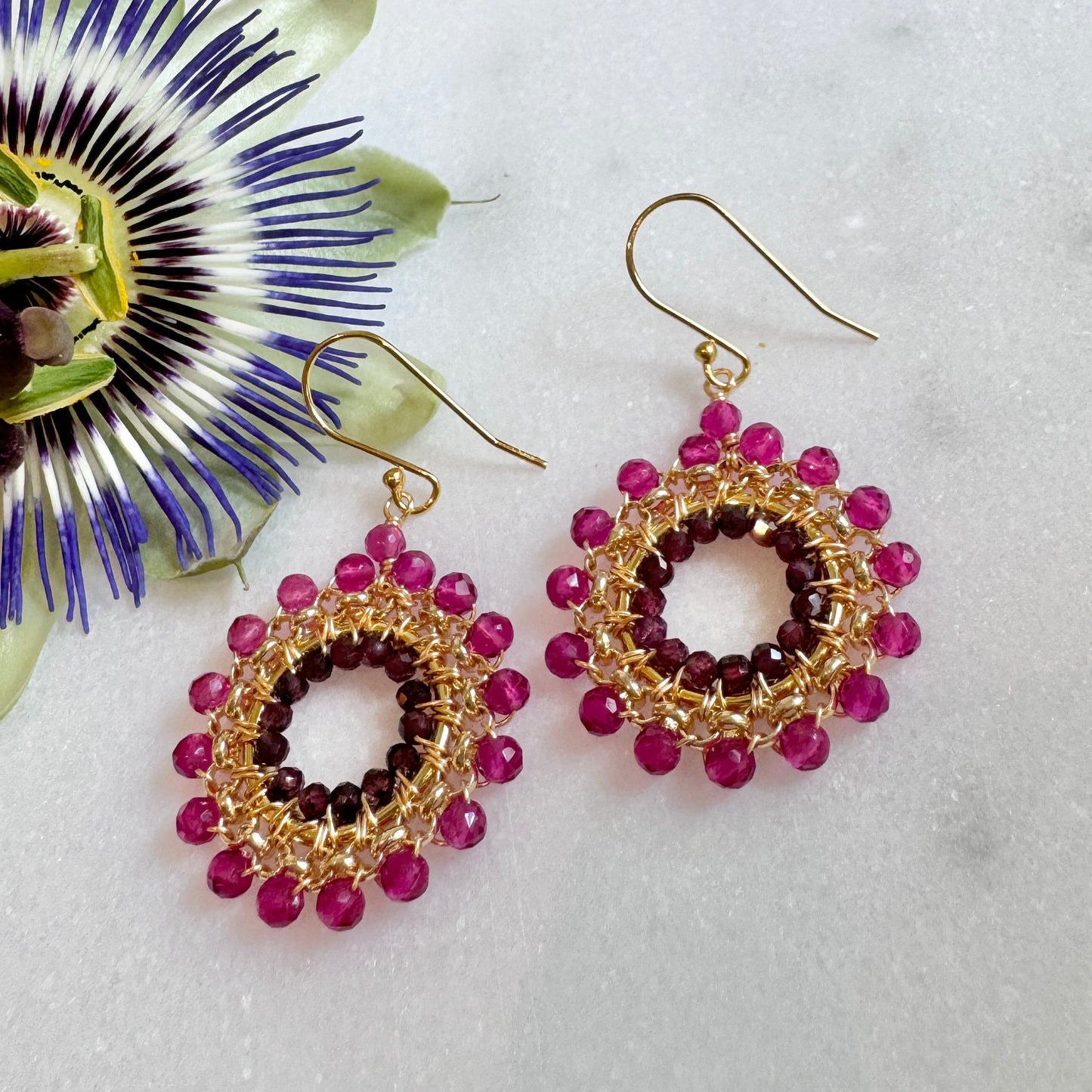 Fuchsia Pink Garnet & Burgundy Garnet Rolo Round Beaded Earrings