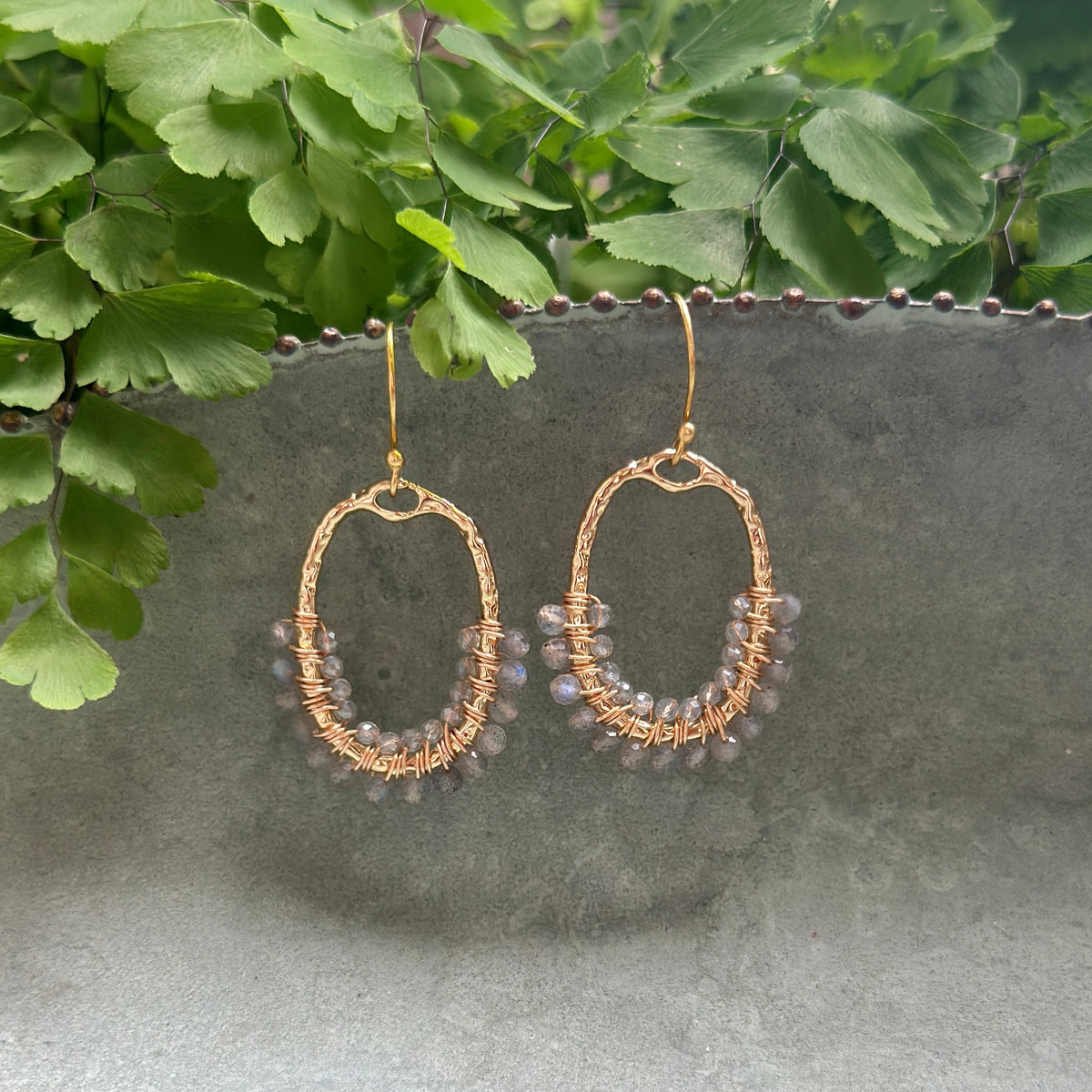 Grey Labradorite 1/2 Oval Beaded Earrings