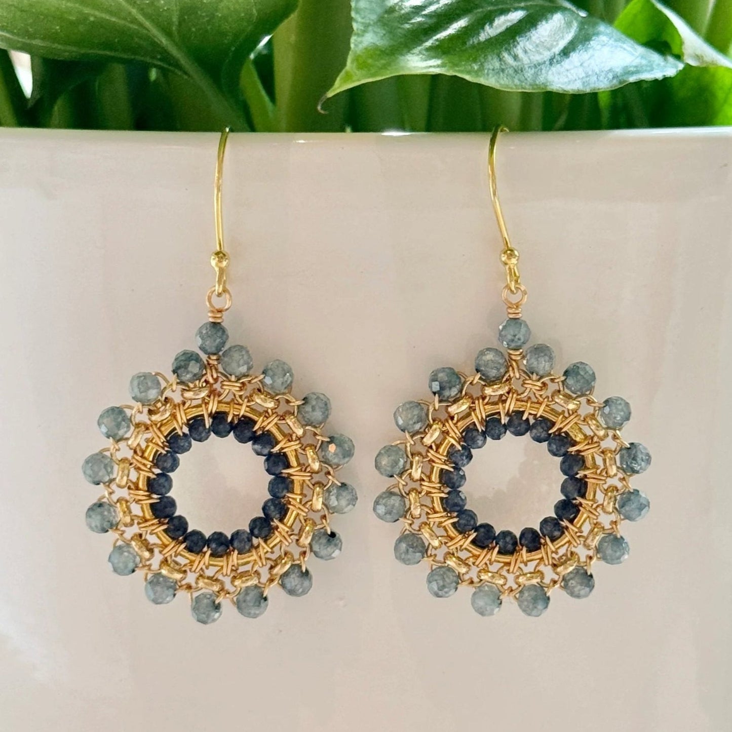 Pale Denim Blue Azurite & Dark Denim Iolite Rolo Round Beaded Earrings