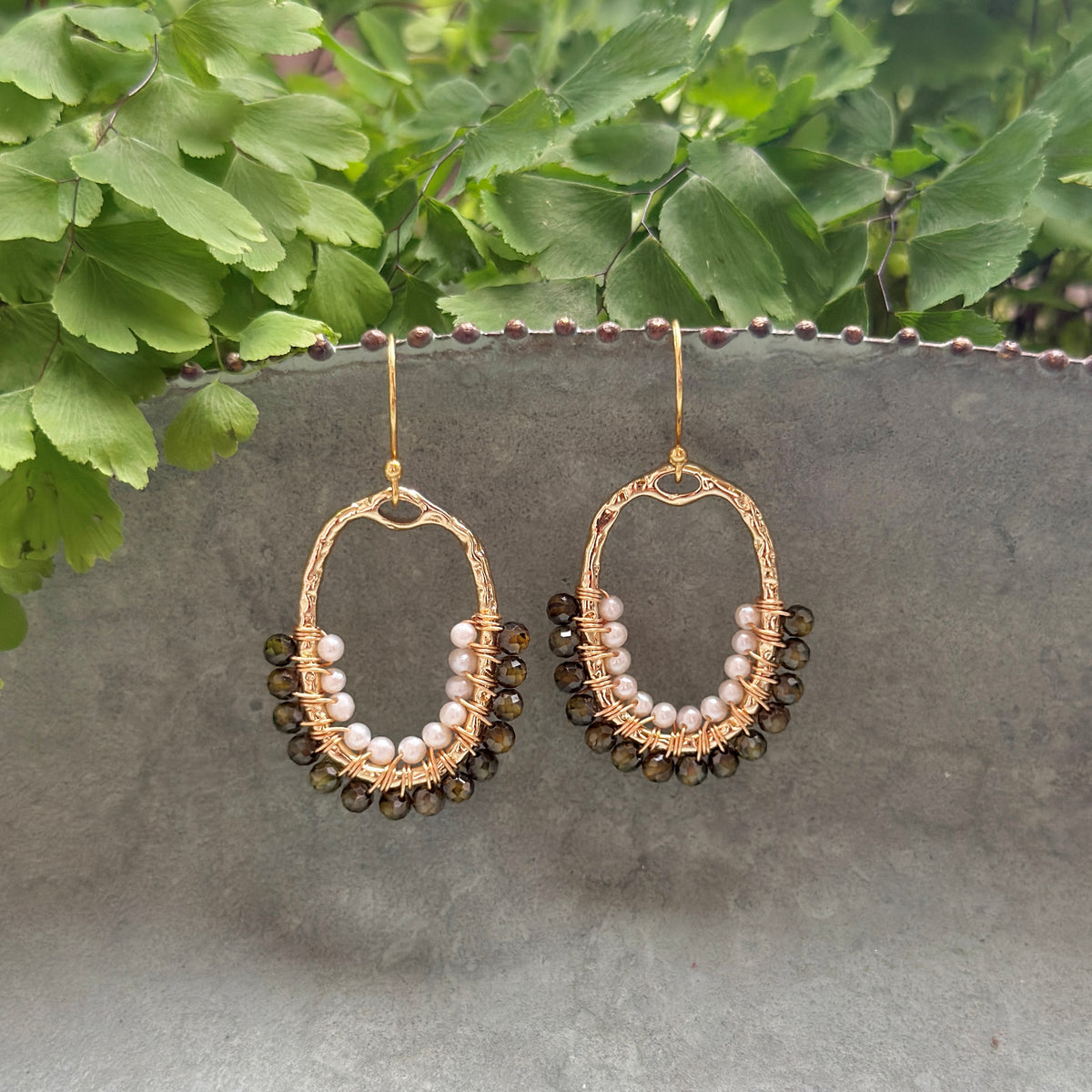 Olive Green Peridot & Freshwater Pearl 1/2 Oval Beaded Earrings