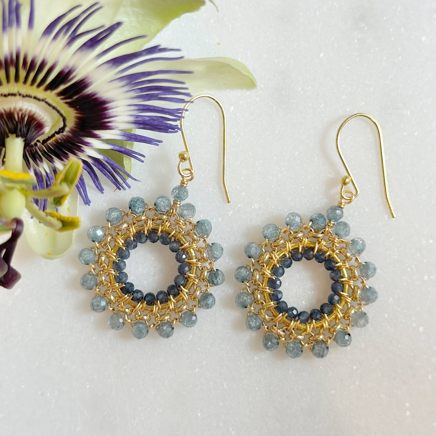 Pale Denim Blue Azurite & Dark Denim Iolite Rolo Round Beaded Earrings