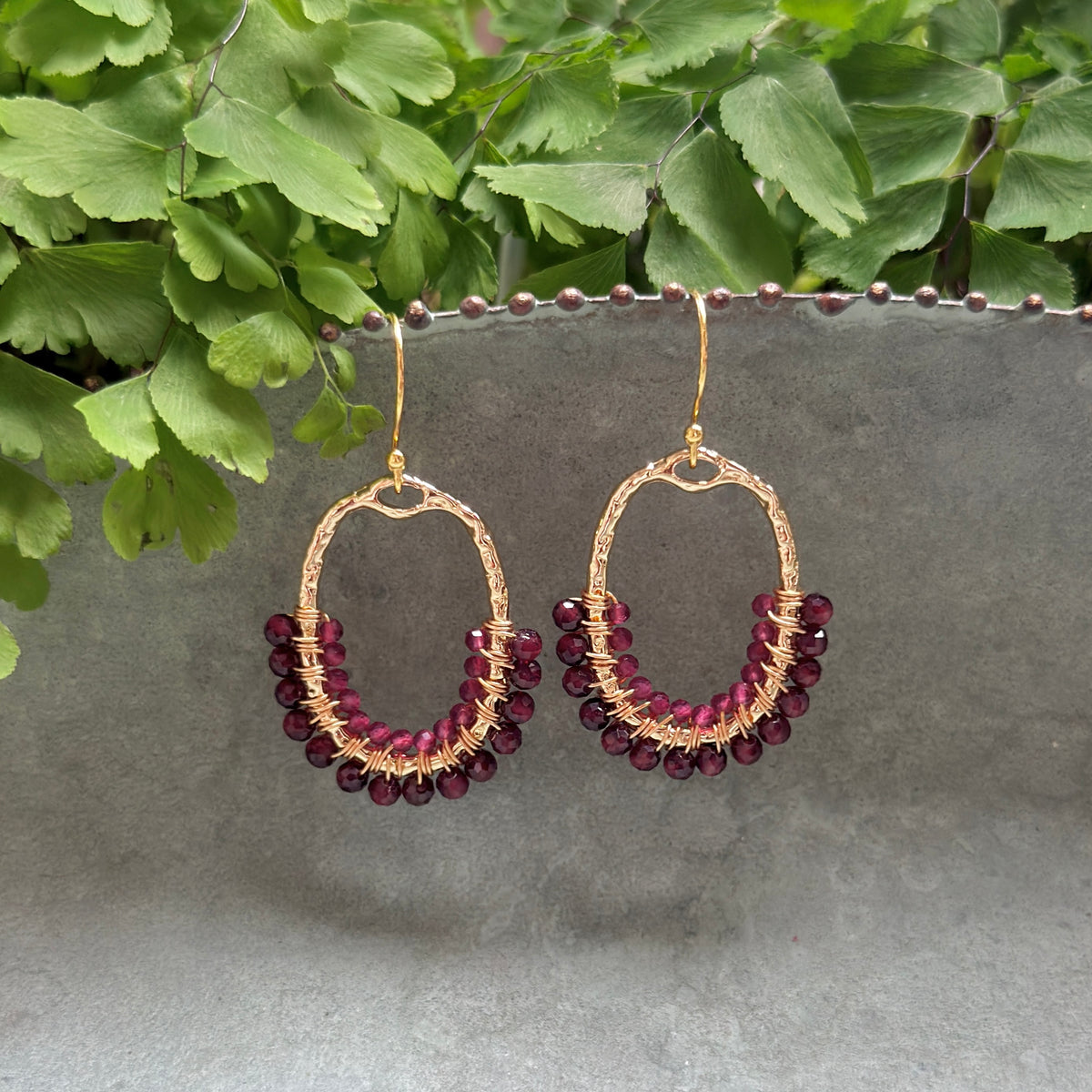 Burgundy & Fuchsia Pink Garnet 1/2 Oval Beaded Earrings