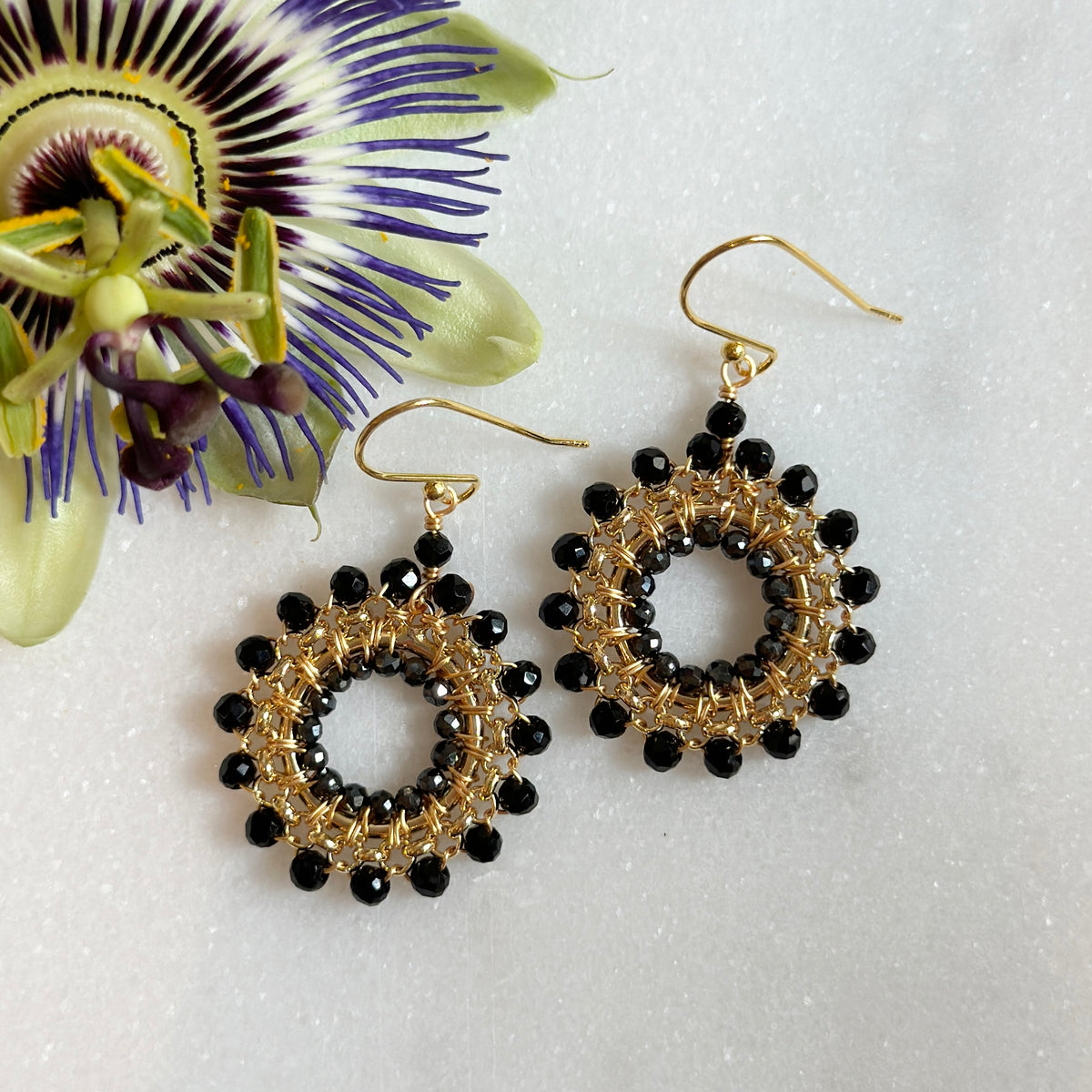 Black Onyx & Sparkly Charcoal Grey Hematite Rolo Round Beaded Earrings