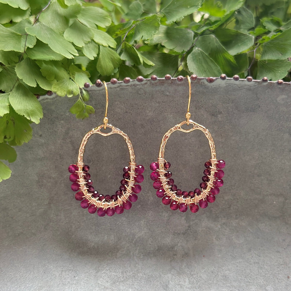 Fuchsia Pink & Burgundy Garnet 1/2 Oval Beaded Earrings