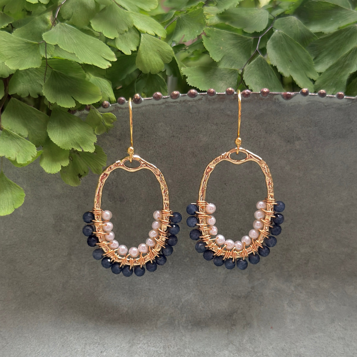 Denim Blue Iolite & Freshwater Pearl 1/2 Oval Beaded Earrings
