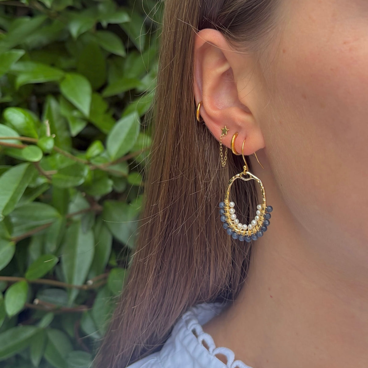 Denim Blue Iolite & Freshwater Pearl 1/2 Oval Beaded Earrings