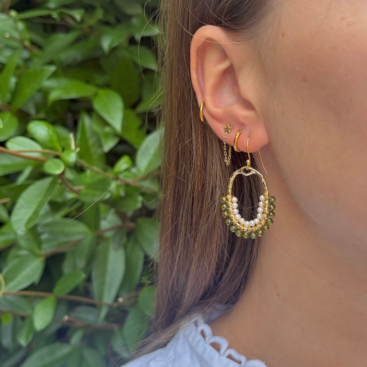 Olive Green Peridot & Freshwater Pearl 1/2 Oval Beaded Earrings