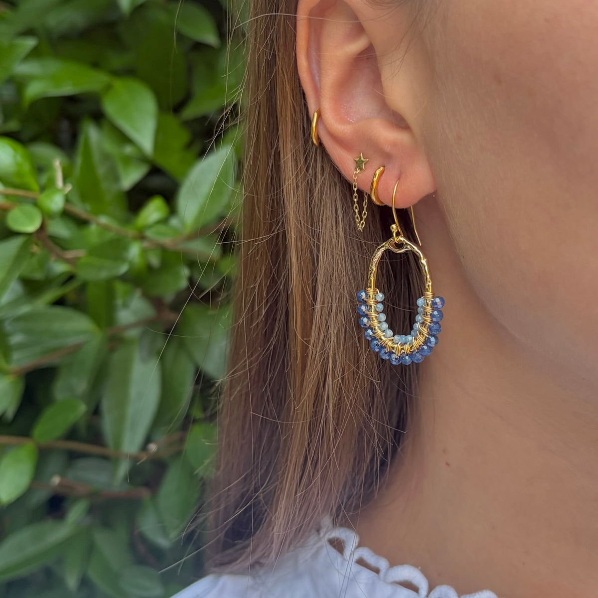 Royal Blue Quartz & Cornflower Kyanite 1/2 Oval Beaded Earrings