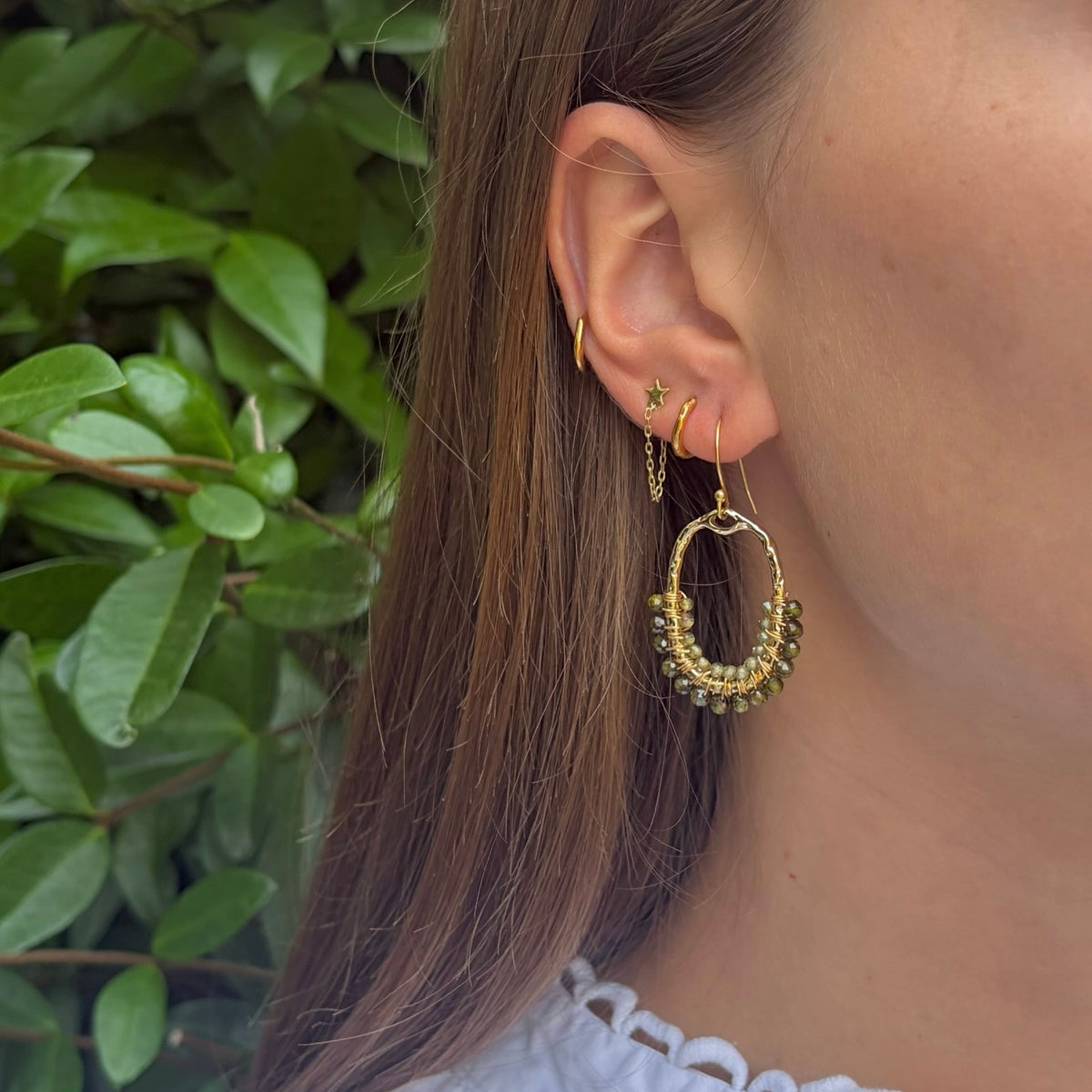 Olive Green Peridot 1/2 Oval Beaded Earrings