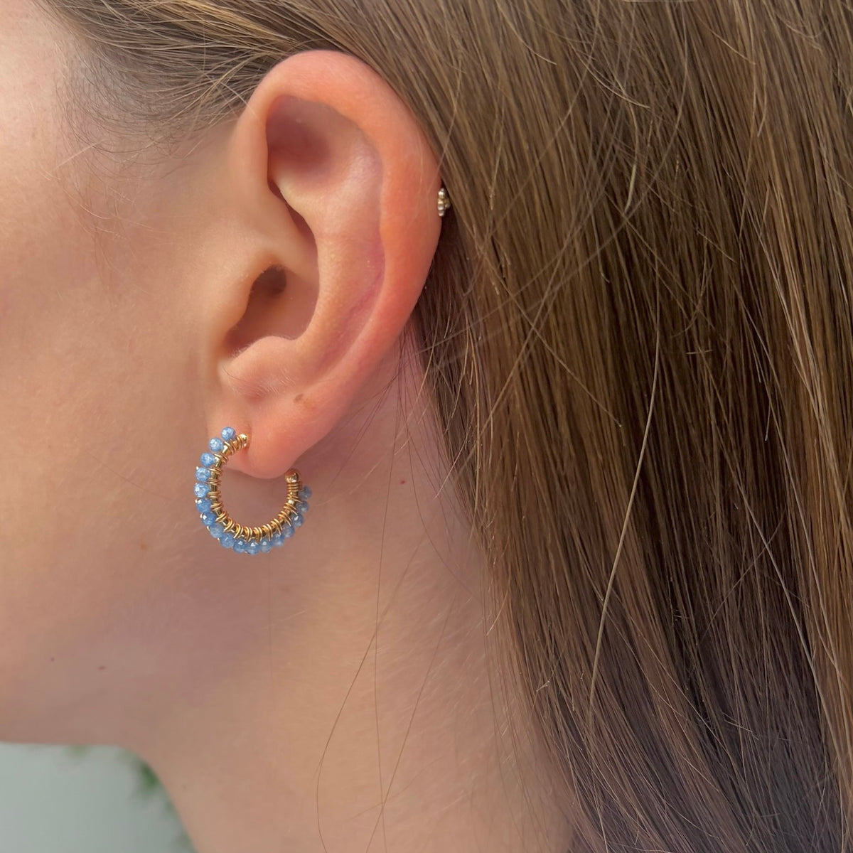 Fine Cornflower Blue Kyanite Mini Hoop Beaded Earrings