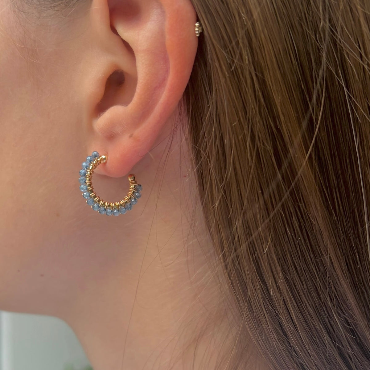 Fine Pale Denim Blue Azurite Mini Hoop Beaded Earrings