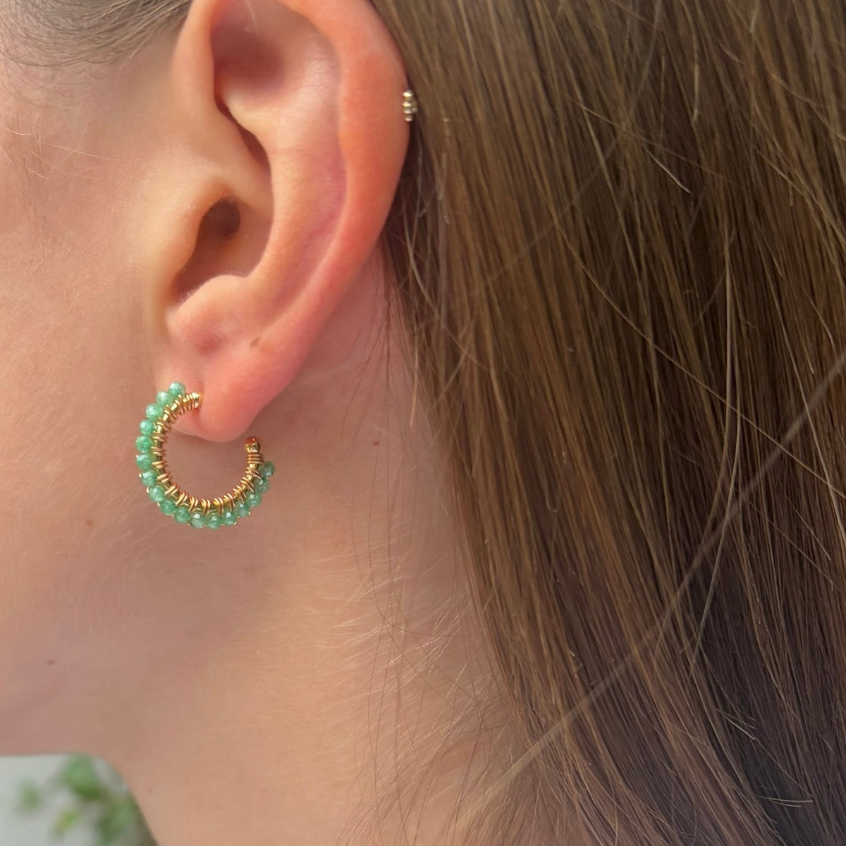 Fine Mint Green Jade Mini Hoop Beaded Earrings