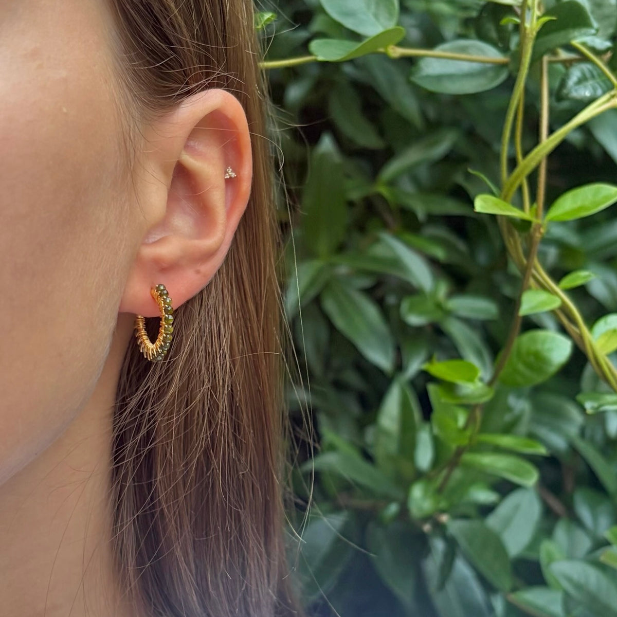 Fine Olive Green Peridot Mini Hoop Beaded Earrings