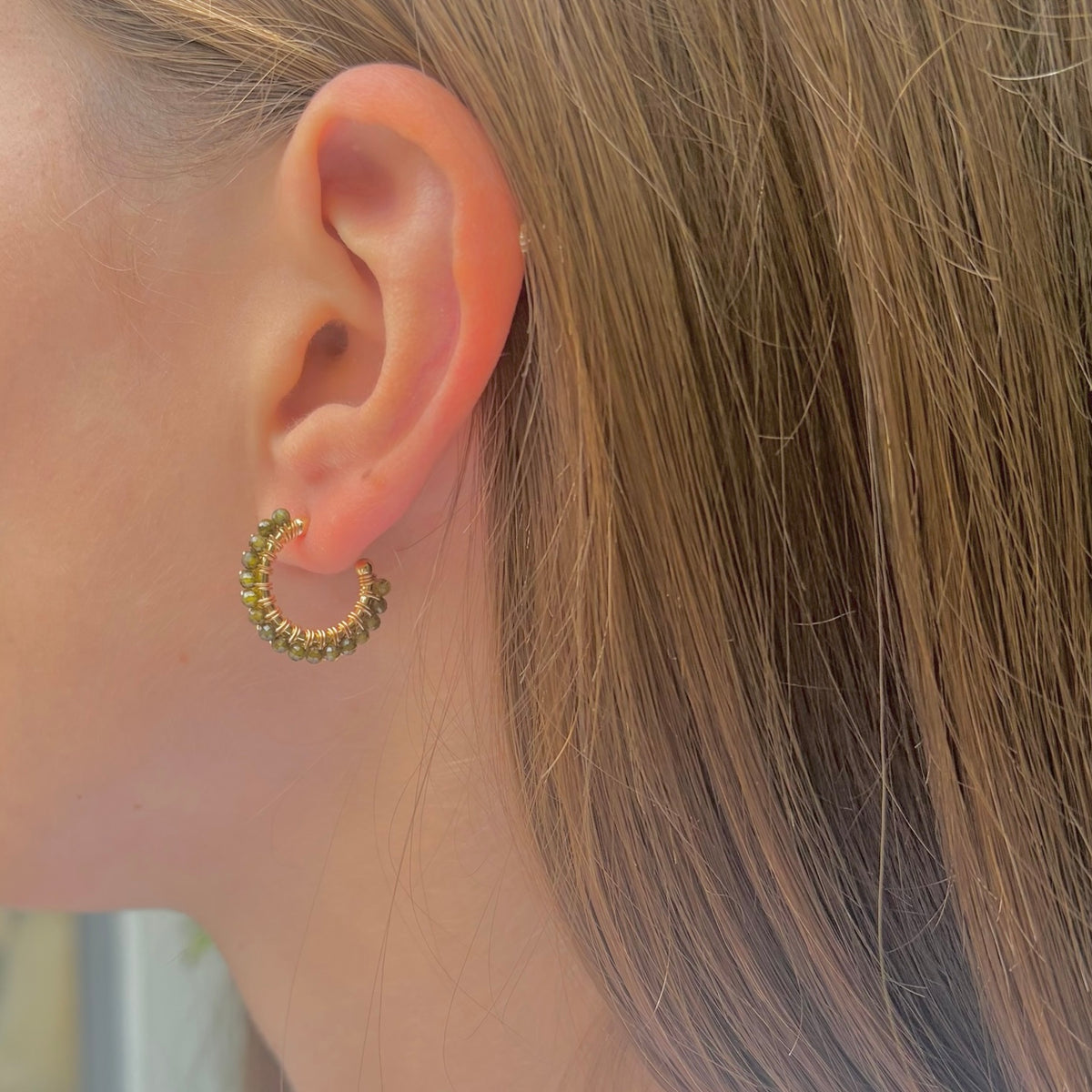 Fine Olive Green Peridot Mini Hoop Beaded Earrings