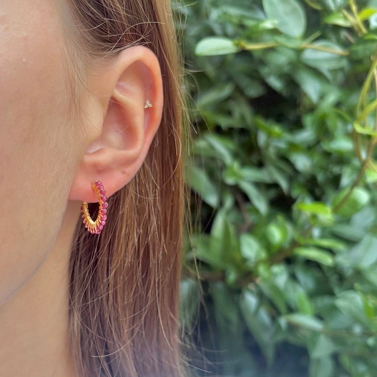 Fine Fuchsia Pink Garnet Mini Hoop Beaded Earrings