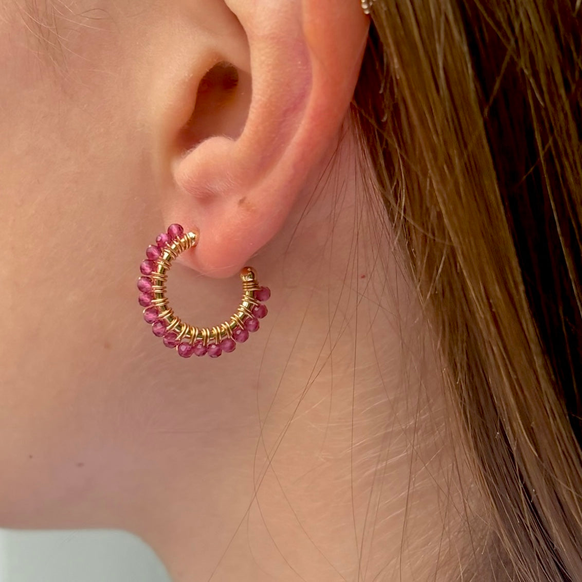 Fine Fuchsia Pink Garnet Mini Hoop Beaded Earrings