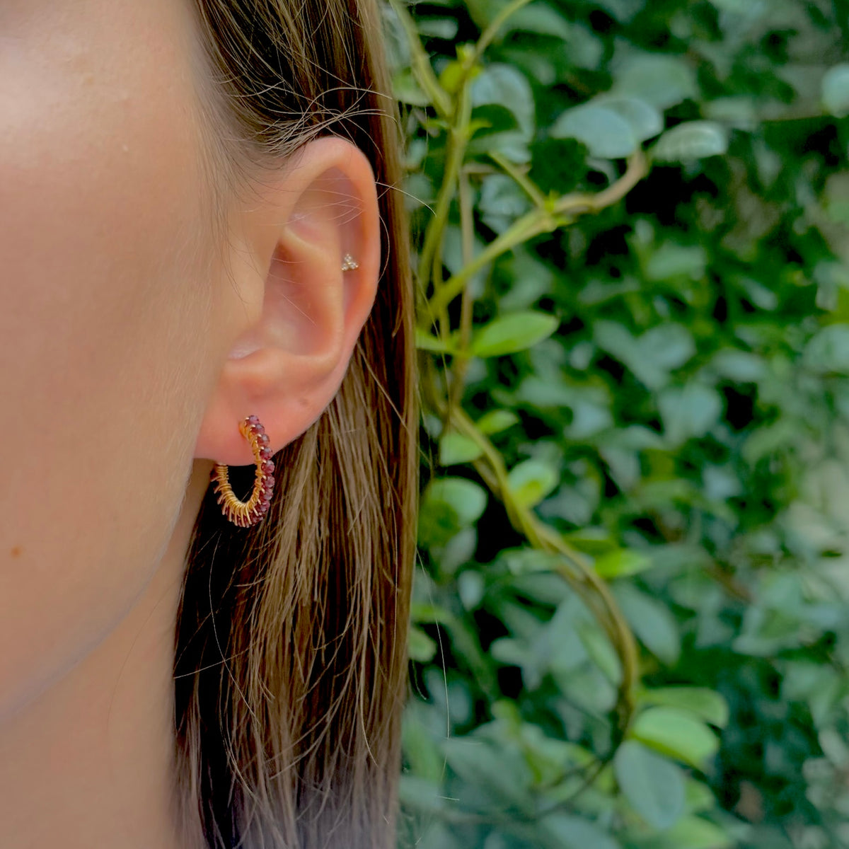 Fine Burgundy Garnet Mini Hoop Beaded Earrings