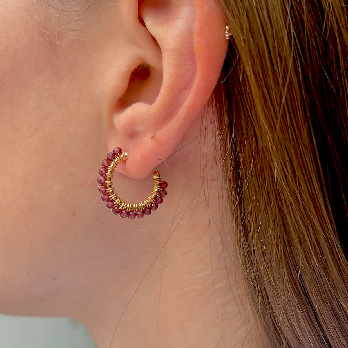 Fine Burgundy Garnet Mini Hoop Beaded Earrings