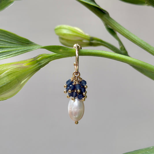 Mini Hoop Earrings With Ibiza Pearl & Dark Denim Blue Iolite Drops