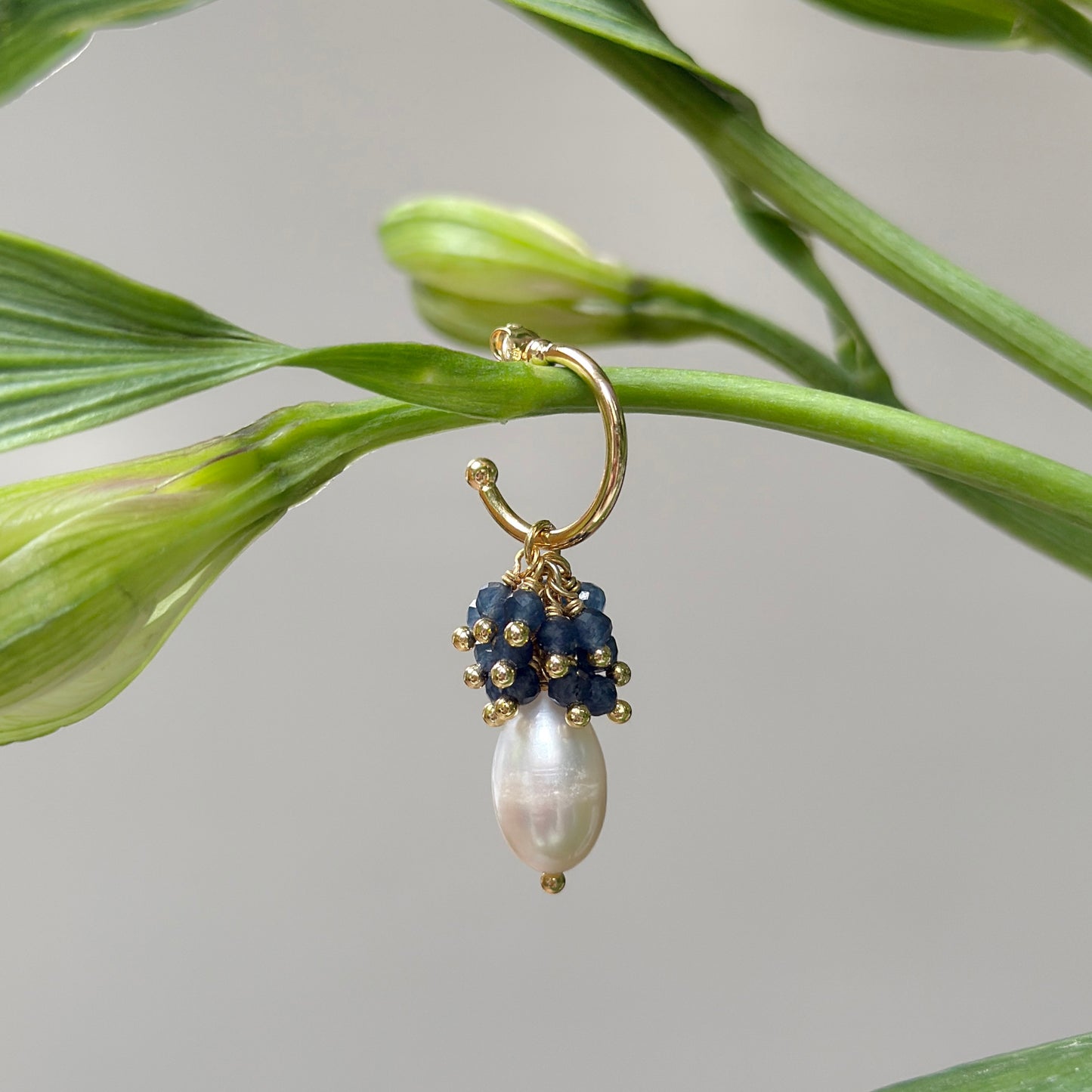 Mini Hoop Earrings With Ibiza Pearl & Dark Denim Blue Iolite Drops
