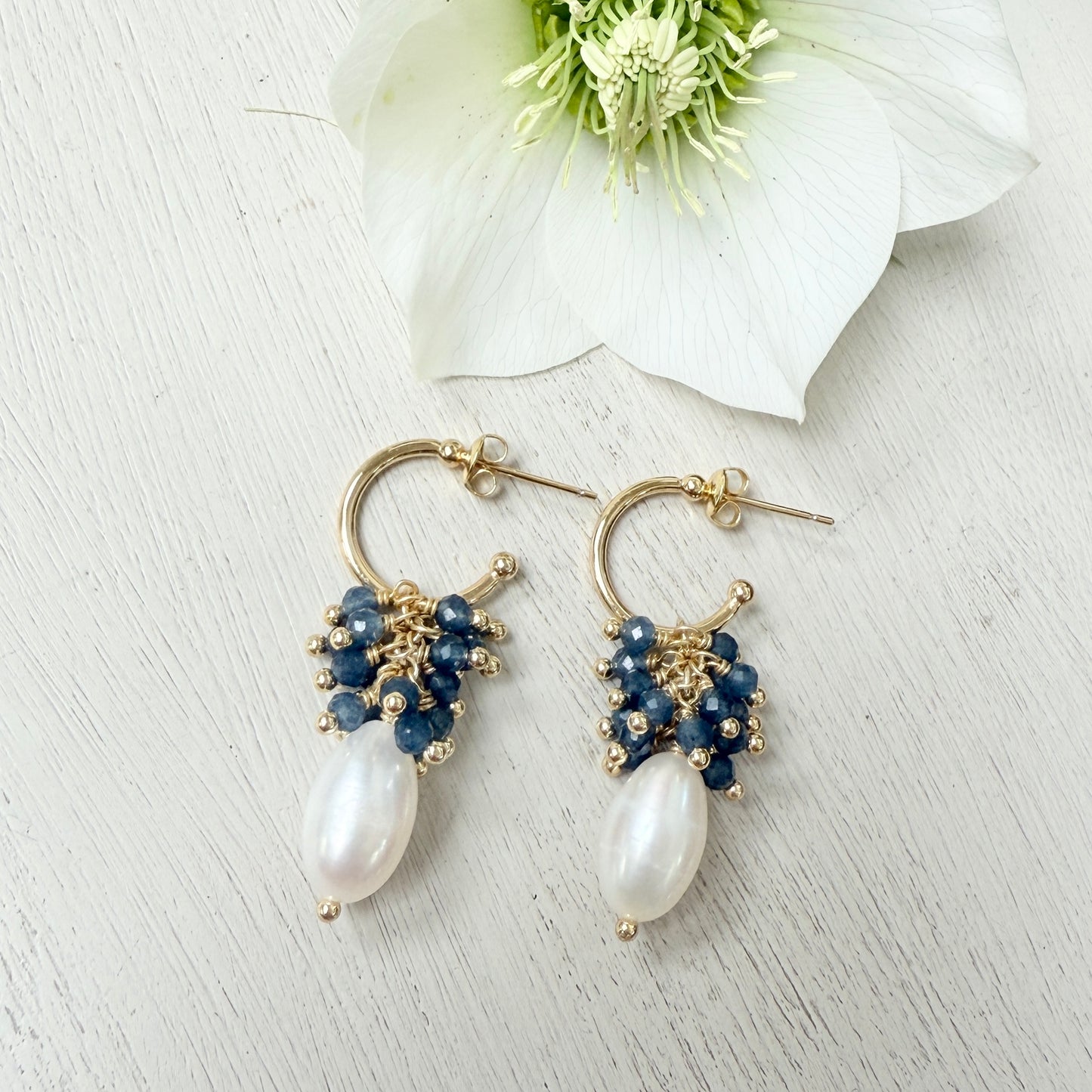 Mini Hoop Earrings With Ibiza Pearl & Dark Denim Blue Iolite Drops