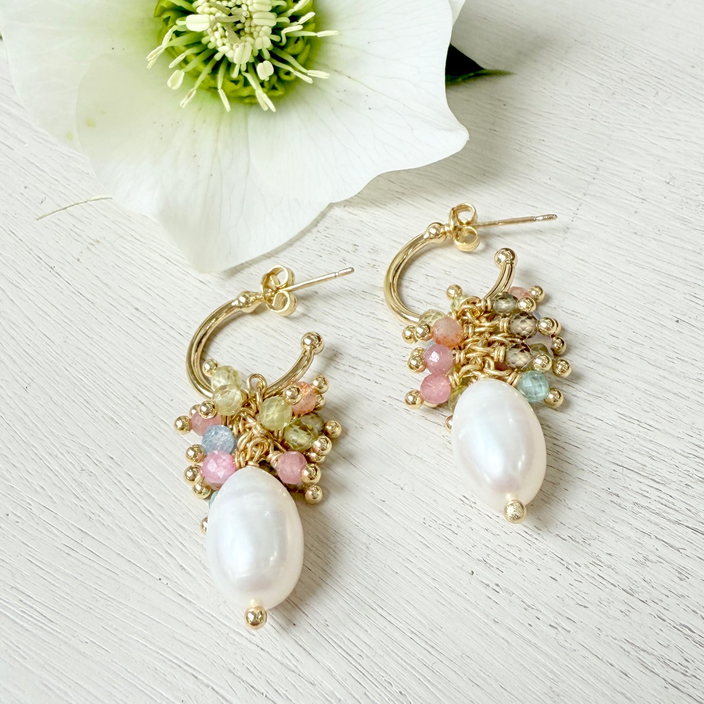 Mini Hoop Earrings With Ibiza Pearl & Mixed Summer Tourmaline Drops