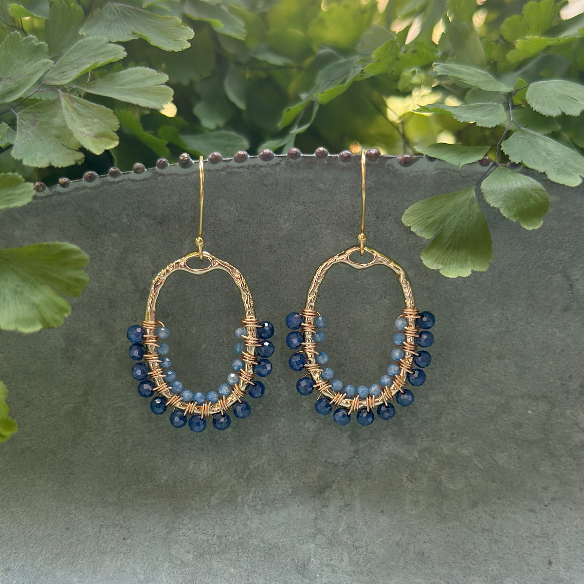 Royal Blue Quartz & Cornflower Kyanite 1/2 Oval Beaded Earrings