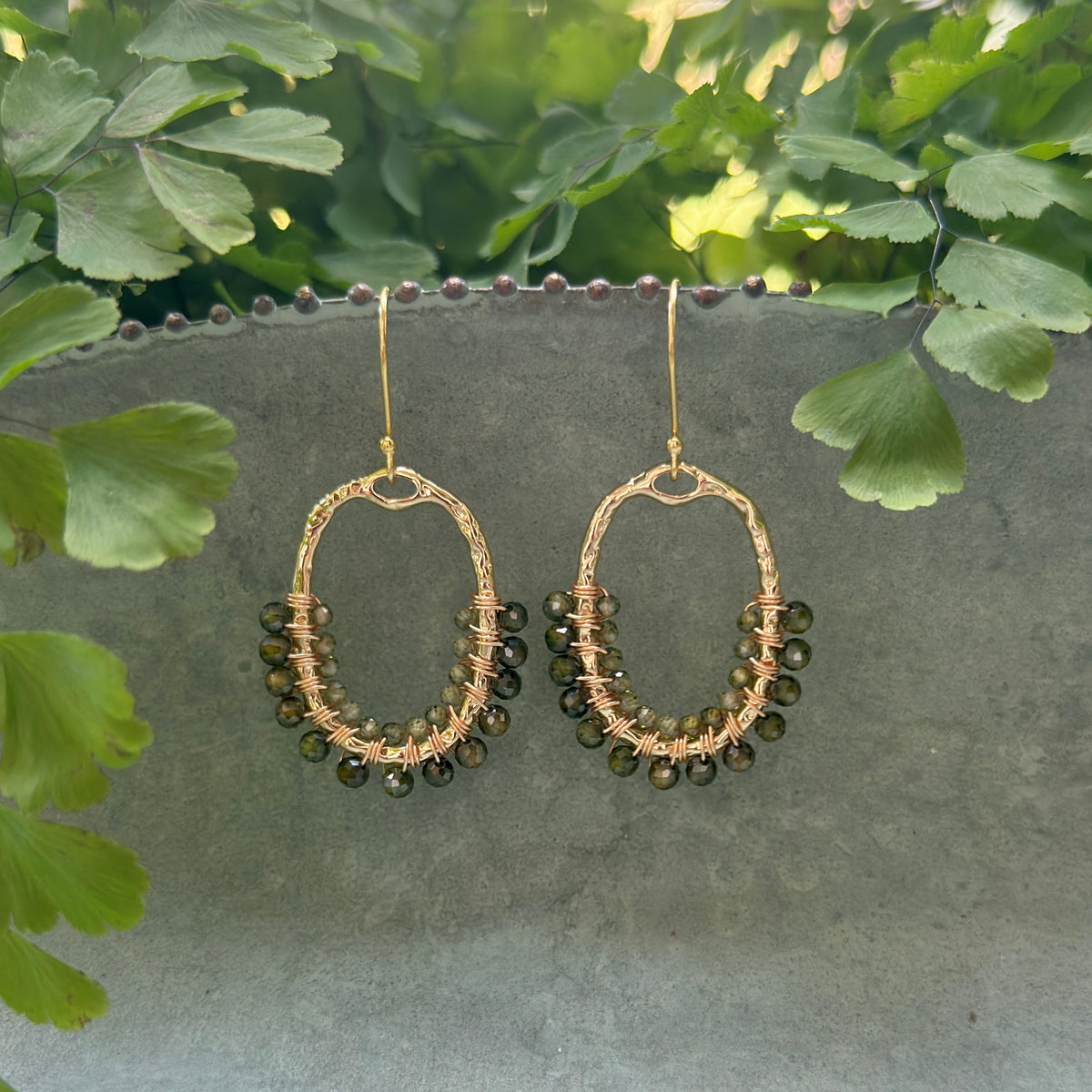 Olive Green Peridot 1/2 Oval Beaded Earrings