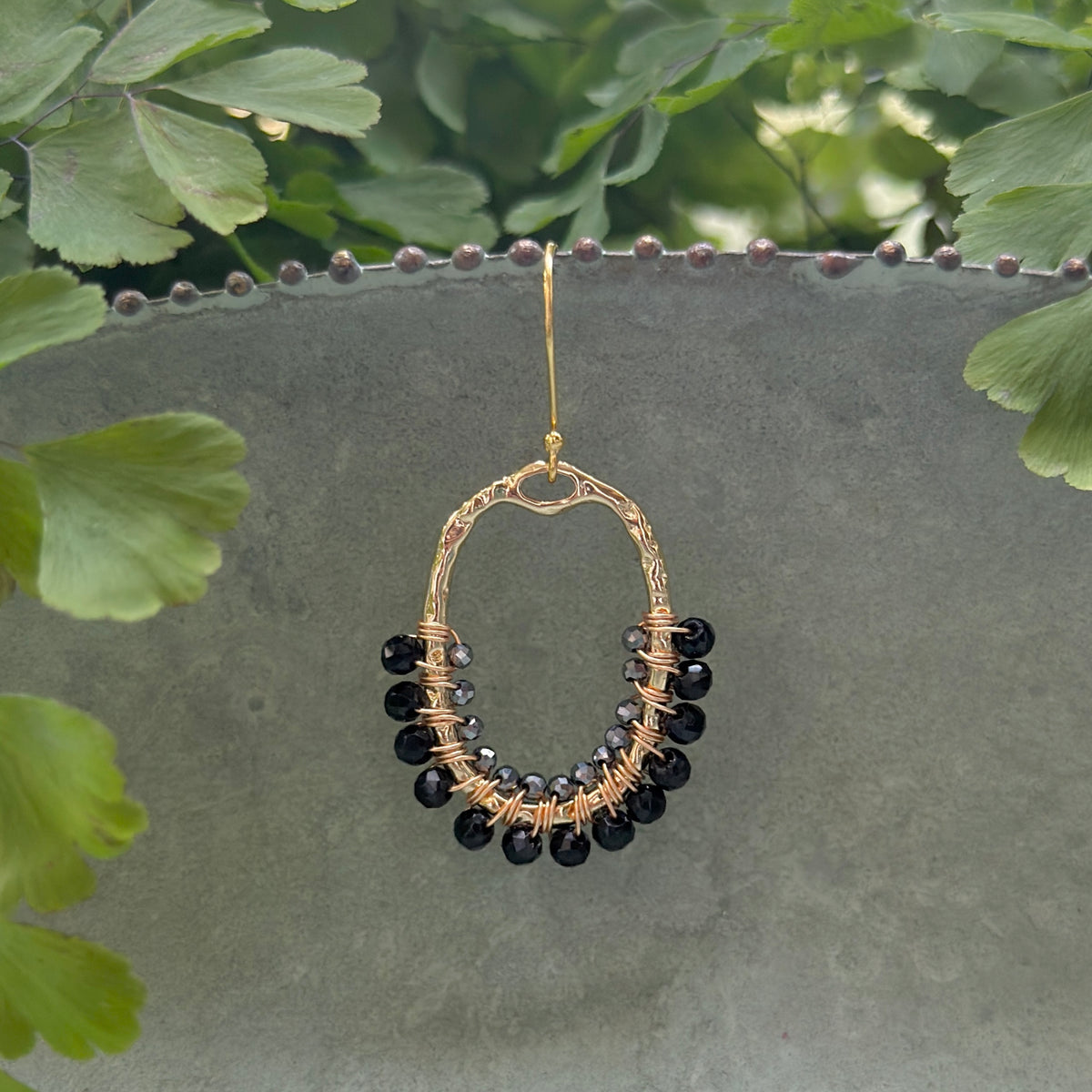 Black Onyx & Grey Hematite 1/2 Oval Beaded Earrings