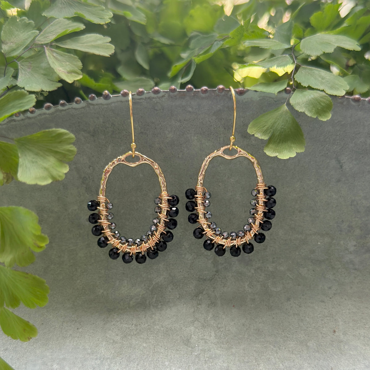 Black Onyx & Grey Hematite 1/2 Oval Beaded Earrings