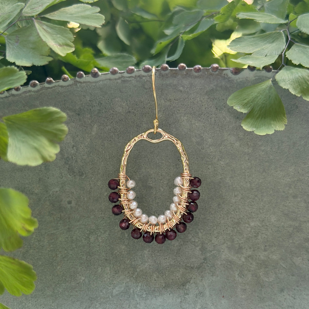 Burgundy & Freshwater Pearl 1/2 Oval Beaded Earrings