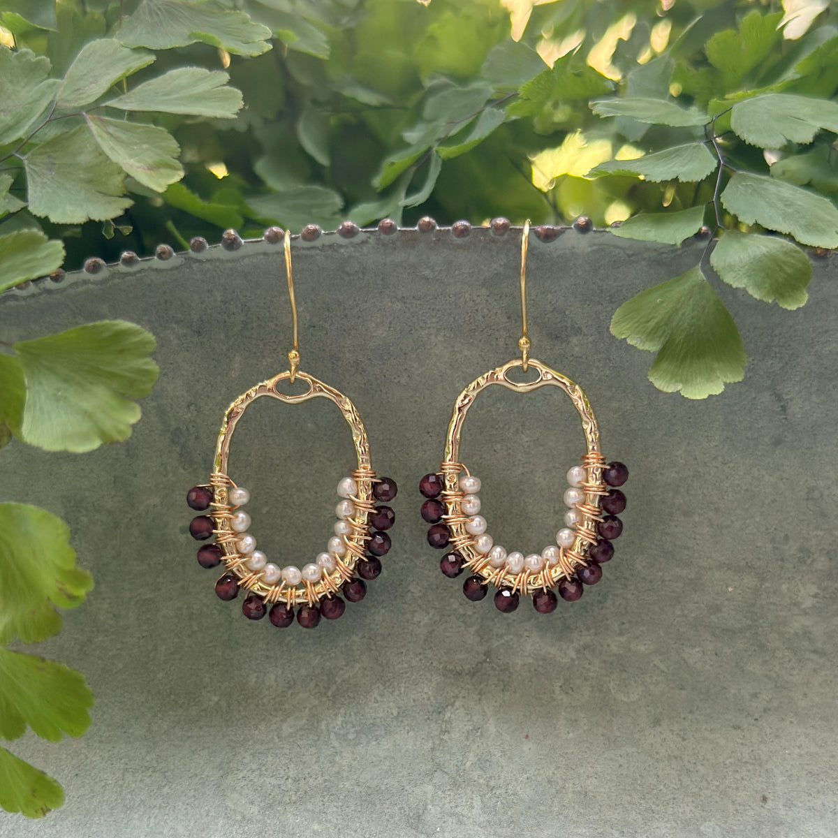 Burgundy & Freshwater Pearl 1/2 Oval Beaded Earrings