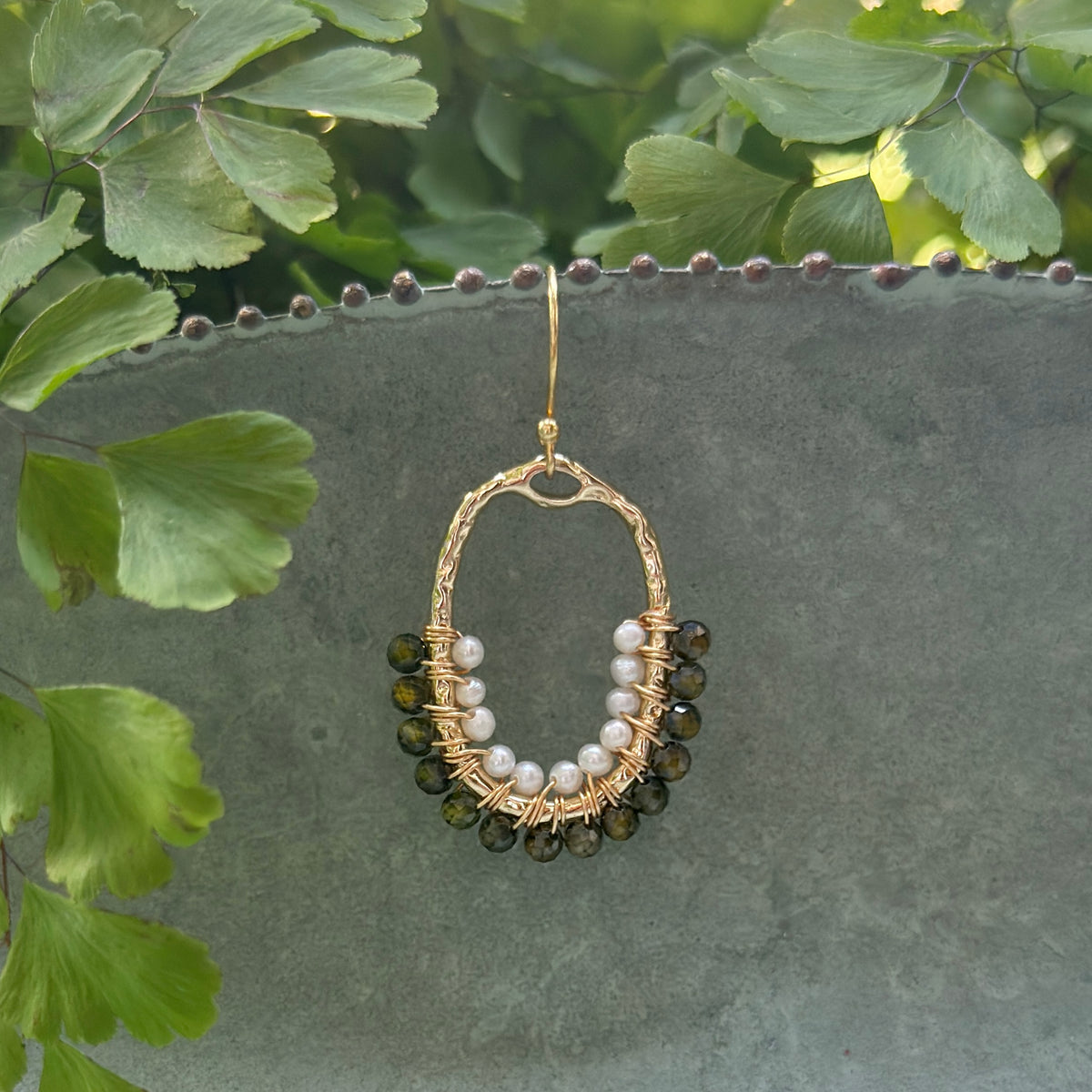 Olive Green Peridot & Freshwater Pearl 1/2 Oval Beaded Earrings