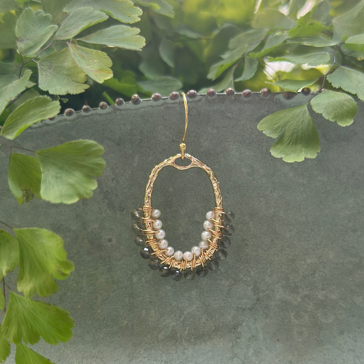 Taupe Agate & Freshwater Pearl 1/2 Oval Beaded Earrings